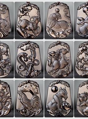 冰种黑曜石十二生肖牛虎兔龙蛇马羊猴鸡狗猪本命年女项链蛇年吊坠