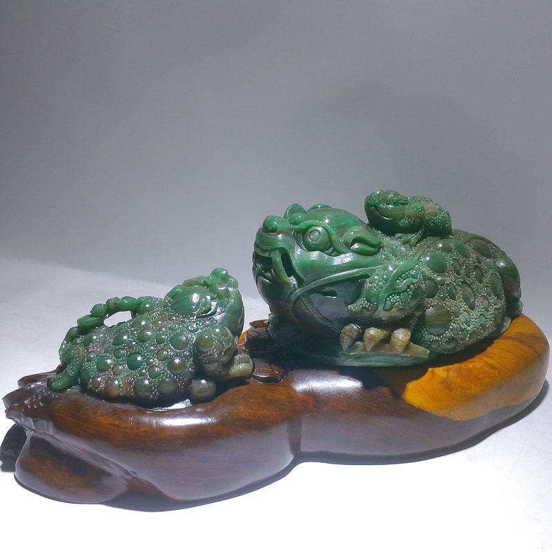 旺财玉雕 立体三足金蟾摆件 财源滚滚独山玉石天蓝中式镇宅工艺品