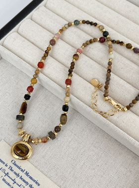 美拉德虎眼石串珠项链锁骨链