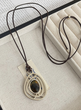 复古秋冬虎眼石吊坠项链女