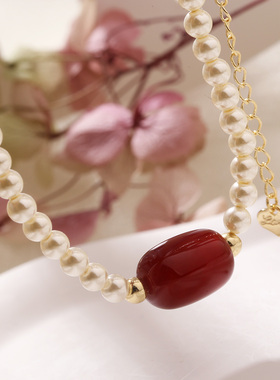 中式红色珍珠项链2025新款爆款贝母设计颈链文艺大气高质量锁骨链