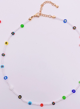 原创设计波西米亚风玻璃米珠千色琉璃珠项链女个性时尚节日小礼物