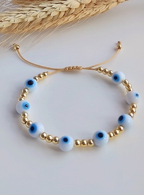 ins小众欧美简约天然珍珠编织18K金珠串珠多层叠戴恶魔之眼手链女