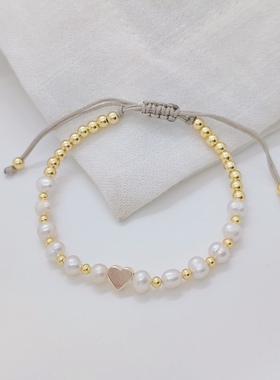 ins小众简约欧美风轻奢气质天然淡水珍珠串珠18K铜镀金爱心手链女