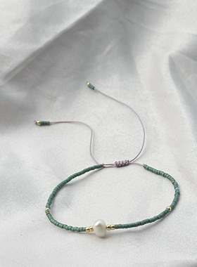 MLGM新款套装绿色系小手链 春夏款半宝石织带抽拉可调节珍珠手串