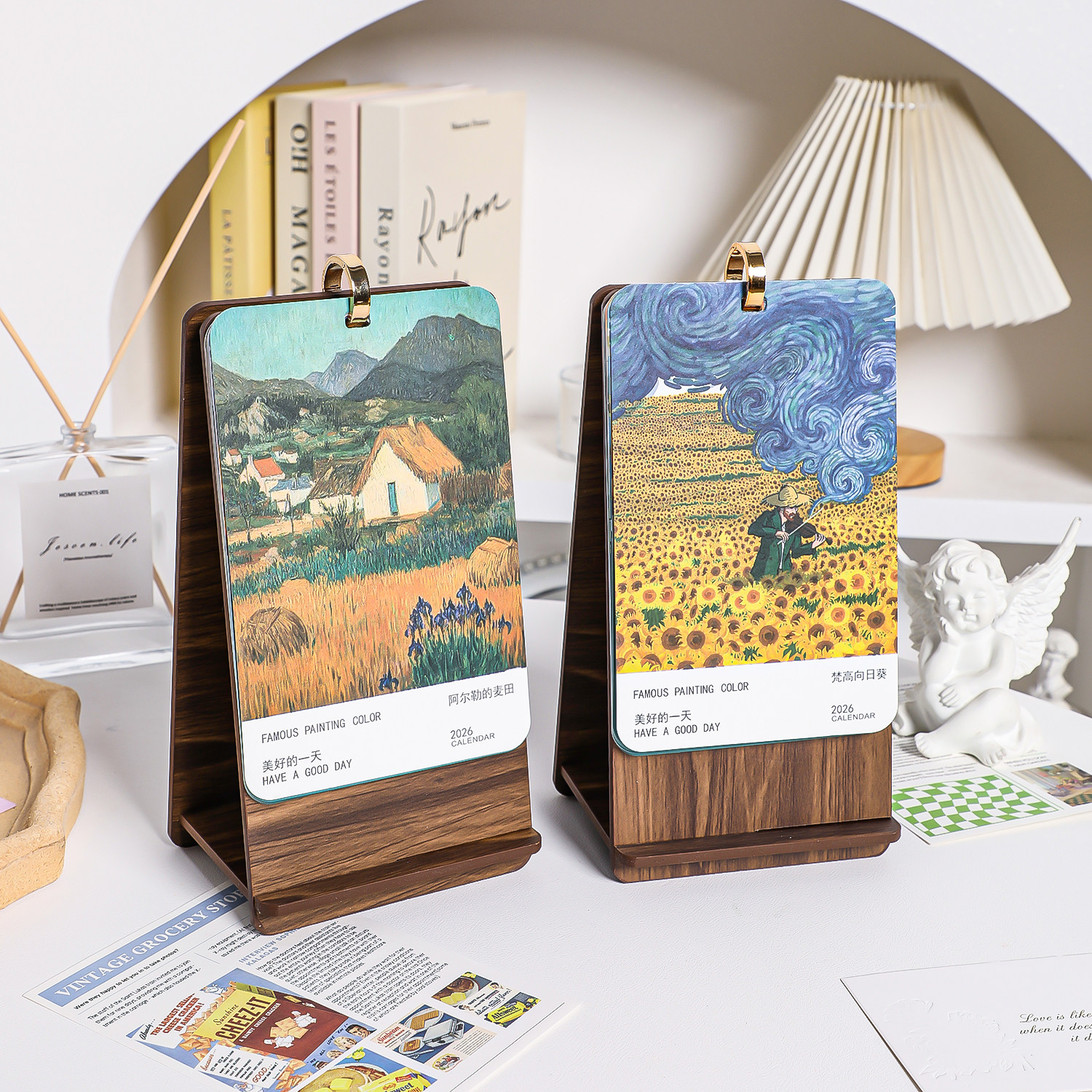 2026年新款台历创意油画封面日历礼盒装木质年历办公用品定制LOGO,淘宝优惠券,粉丝福利购,淘宝优惠卷