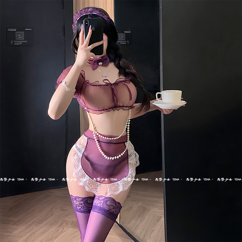 「禁欲系」纯欲紫色韵味女仆套装性感透视露背睡裙火辣内衣制服女,淘宝优惠券,粉丝福利购,淘宝优惠卷