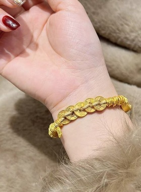 真金电镀五帝币盘缠手链复古民族风轻奢本命年转运手绳古法黄金色