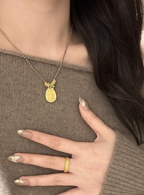 新款真金电镀v金材质古法黑绳编织黄财神吊坠项链轻奢精致锁骨链