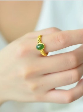 小碧玉戒指女小众设计镀金指环轻奢高级感气质食指戒古法金花丝