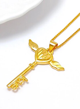 天使爱心钥匙项链女沙金细锁骨链