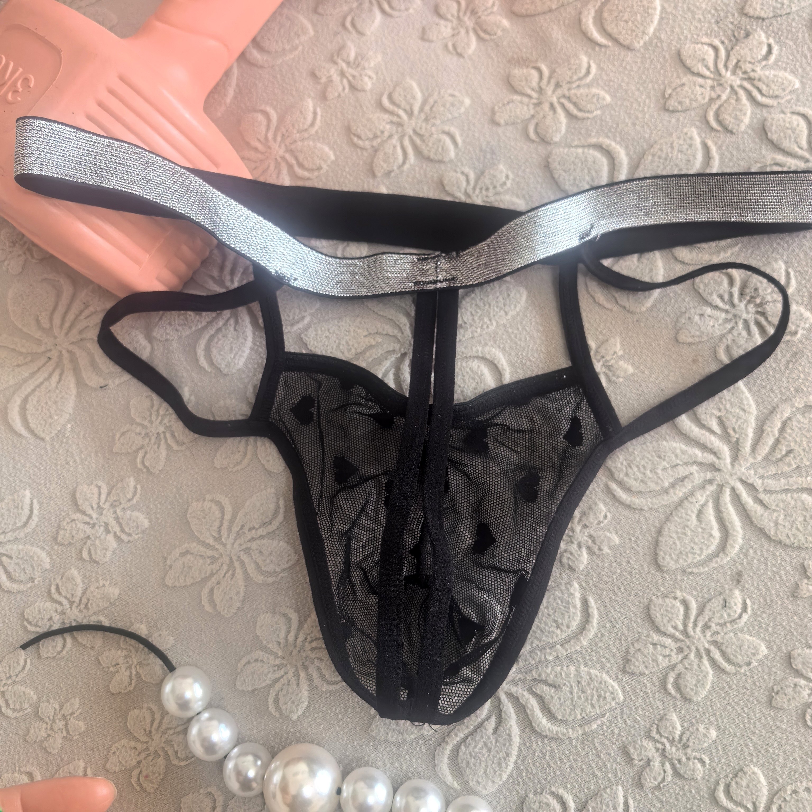 性感男士丁字裤露臀后7颗大珠网纱蕾丝透明内裤诱惑低腰高弹火辣,淘宝优惠券,粉丝福利购,淘宝优惠卷