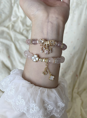 展示！多面体原创 幸运四叶草天然马粉水晶手链手串女款可爱精致