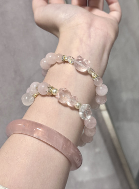 展示！多面体原创天然粉水晶手链女皇冠kitty猫水晶手串马粉水晶