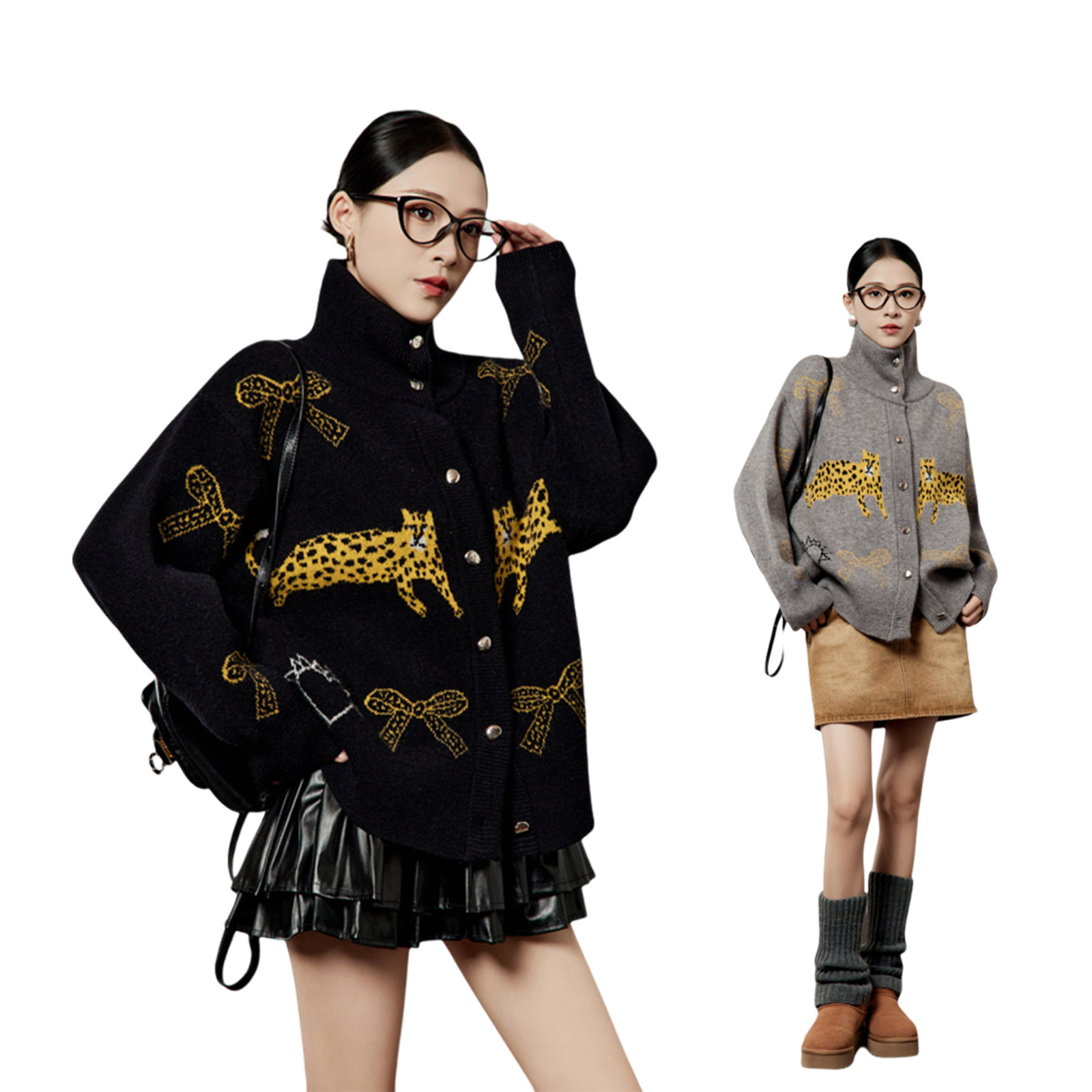 「周里物出品」黑色开衫女2025新款双豹提花立领宽松针织外套上衣,淘宝优惠券,粉丝福利购,淘宝优惠卷