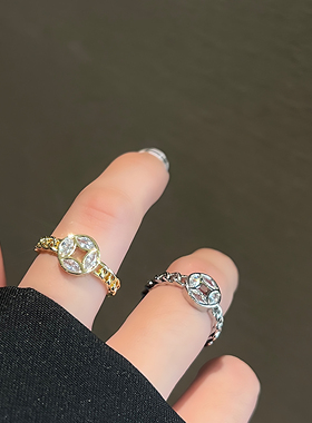 Ayv | 招财钱币偏财铜钱女士旺财戒指18k金色开口高级感嵌钻小众