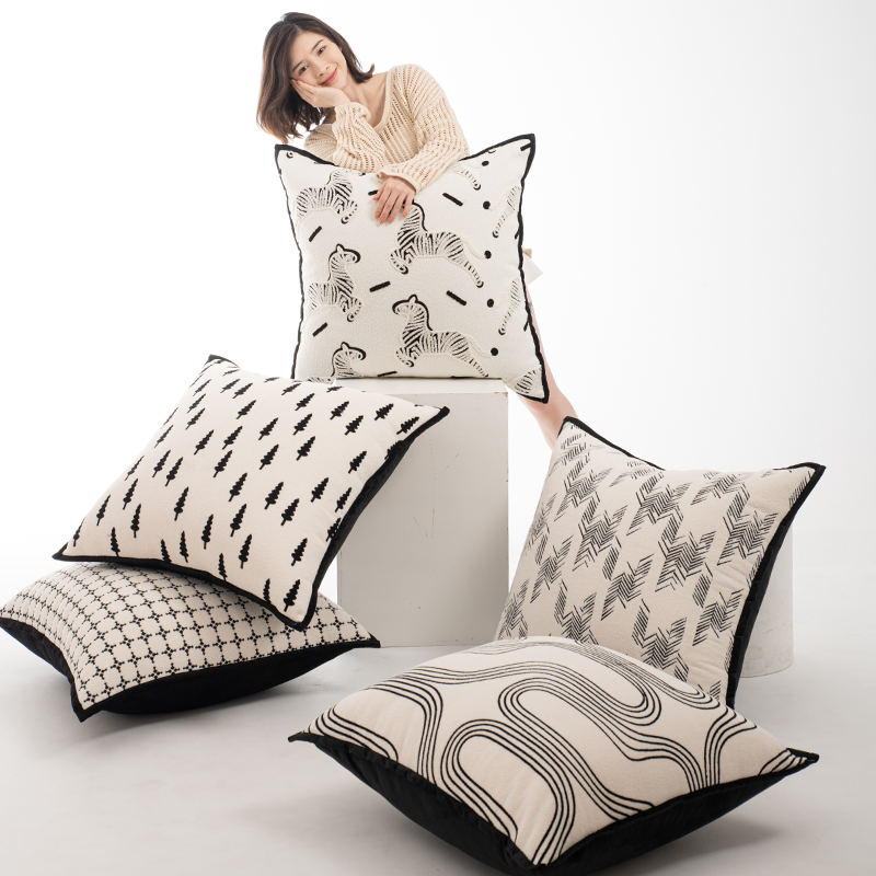 Black and white modern simple cream style pillow cushion sofa living room Nordic light luxury high-end pillow cover large backrest