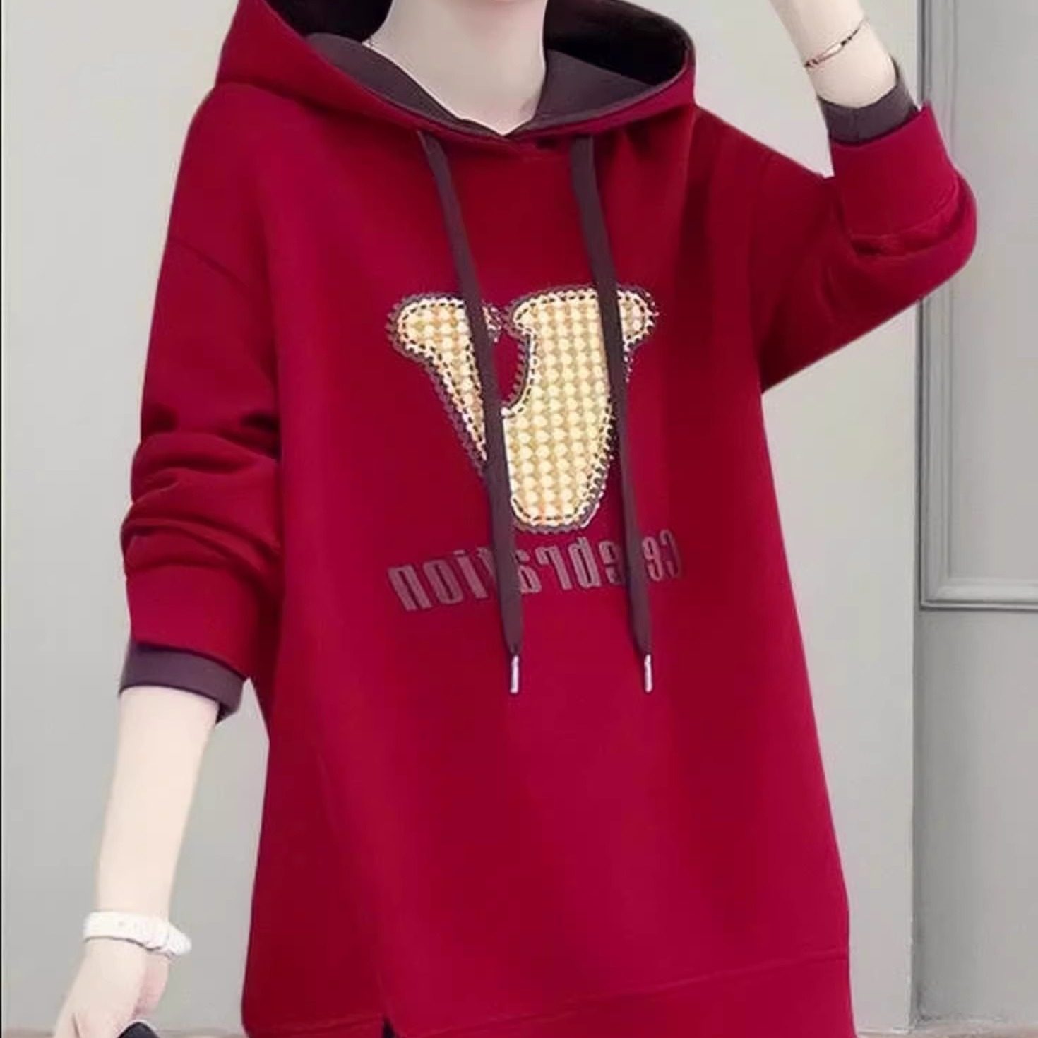 山东即墨纯棉连帽卫衣女秋冬2024新款加绒加厚中年妈妈上衣中长款,淘宝优惠券,粉丝福利购,淘宝优惠卷