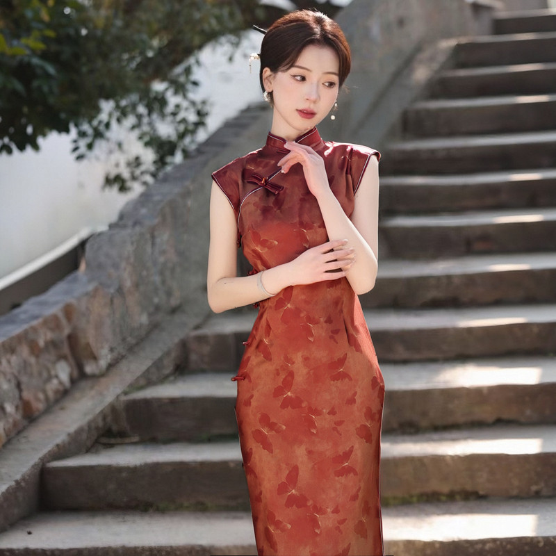 夏新中式国风改良包肩袖侧八扣旗袍2025年新款年轻款少女修身长款,淘宝优惠券,粉丝福利购,淘宝优惠卷