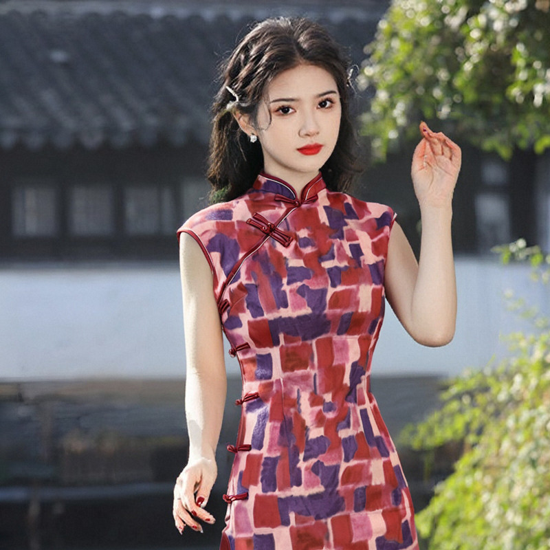 夏新中式国风改良包肩袖侧八扣旗袍2025年新款年轻款少女修身长款,淘宝优惠券,粉丝福利购,淘宝优惠卷