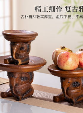 泰国进口木雕大象带盖圆形果盘