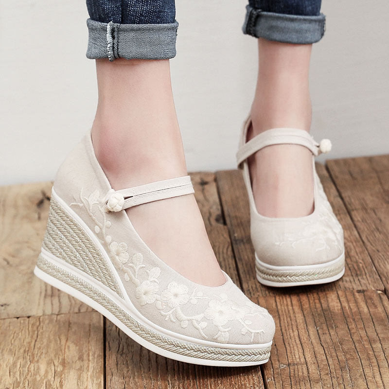 春秋老北京布鞋女坡跟汉服鞋子高跟茶服旗袍鞋民族古风禅意绣花鞋,淘宝优惠券,粉丝福利购,淘宝优惠卷