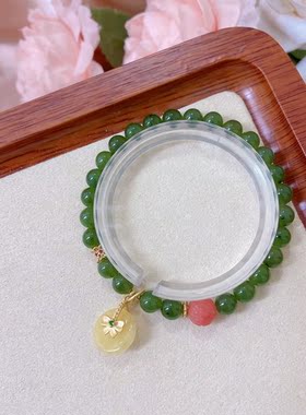 纯天然原创菠菜浓绿和田玉碧玉手串原创diy蜜蜡平安扣手链卡6mm