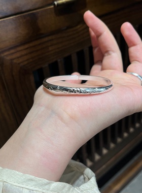 叠雪 足银999纯银手镯女款开口镯子送女友礼物纯手工錾梅花手镯