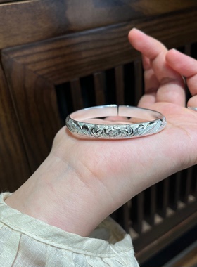 白牡丹 足银999纯银手镯女款开口镯子送女友礼物纯手工錾刻牡丹花