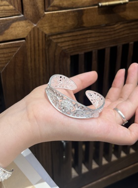 蝶舞 复古镂空花朵足银999手镯女文艺气质开口手环送礼约18克