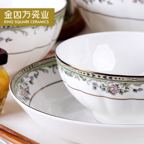 金四方唐山骨质瓷春满家园碗盘盆碟调羹勺子品锅家用搭配餐具套装 - 图0