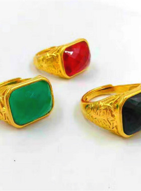 久不褪色越南沙金戒指男士开口铜镀金红石戒指环时尚男女首饰品