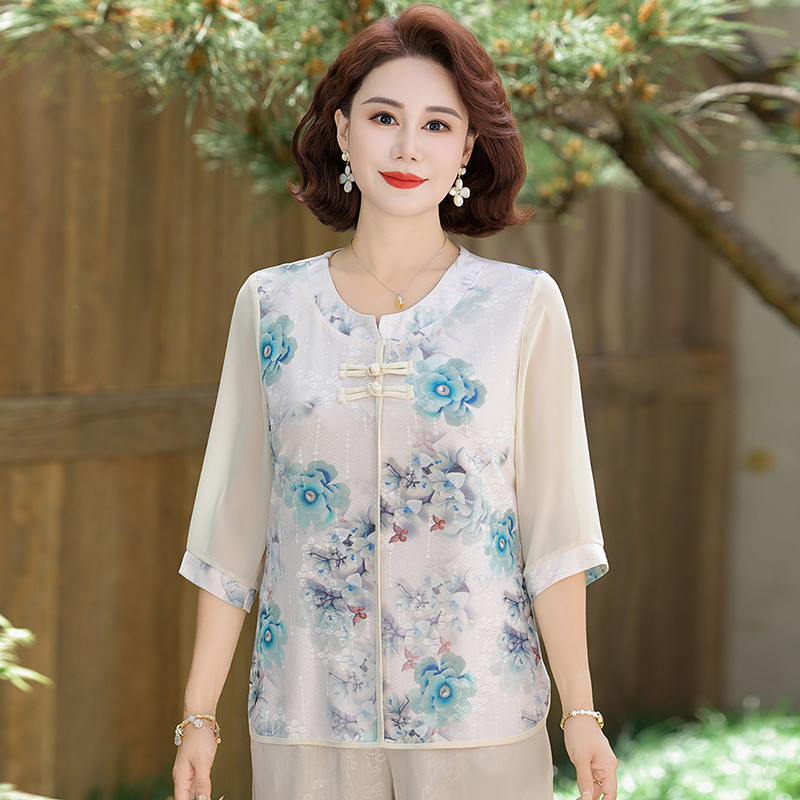 中老年人女装套装妈妈夏装国风新中式雪纺小衫短袖t恤薄款上衣服,淘宝优惠券,粉丝福利购,淘宝优惠卷