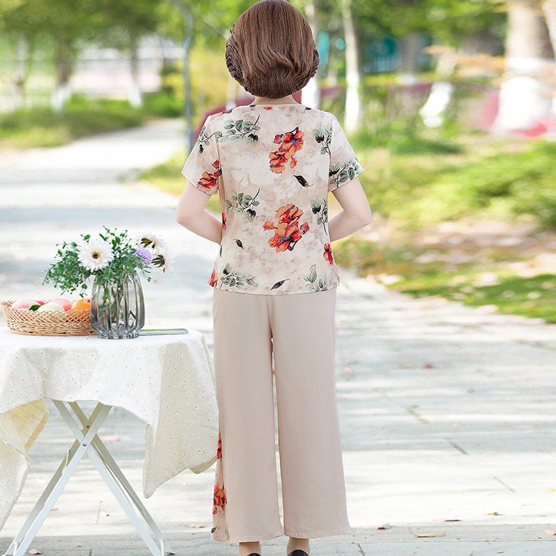 妈妈夏装短袖雪纺套装薄款中年女装时尚上衣中老年夏季T恤两件套