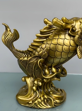 纯黄铜鲤鱼化龙摆件龙鱼龙头鱼鳌鱼瑞兽鸱吻鱼家居客厅装饰摆件