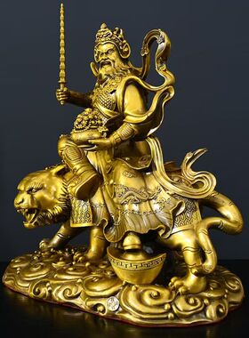 纯黄铜武财神赵公明摆件骑虎举鞭赵元帅办公室公司店铺开业供奉