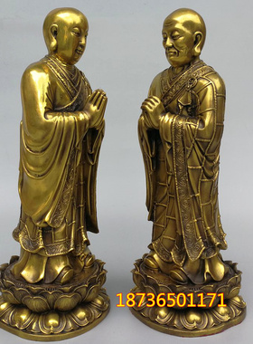 纯铜阿难陀迦叶铜像一套 佛祖胁侍阿难尊者 摩诃迦叶供奉摆件