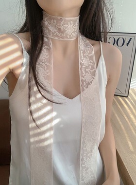 2025春夏季法式白色花朵丝巾刺绣蕾丝窄细长条小丝巾甜妹装饰领巾