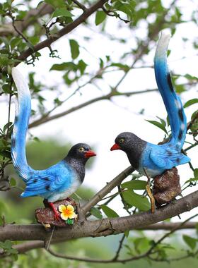 璎桓户外花园庭院动物树上仿真小鸟摆件蓝鹊树脂工艺品雕塑挂饰装