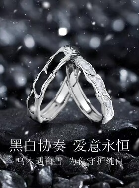S925纯银乌木白雪情侣戒指轻奢小众求婚对戒七夕节礼物送男女友 h