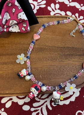 蓝红色KT猫咪KITTY度假短款项链