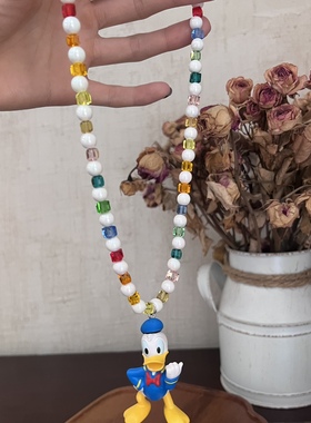 日韩夏日水晶方糖蓝色唐老鸭项链