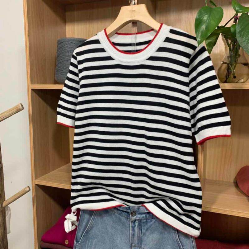 女装纯棉线显瘦条纹文艺低圆领大码宽松百搭减龄不起球薄款短袖,淘宝优惠券,粉丝福利购,淘宝优惠卷