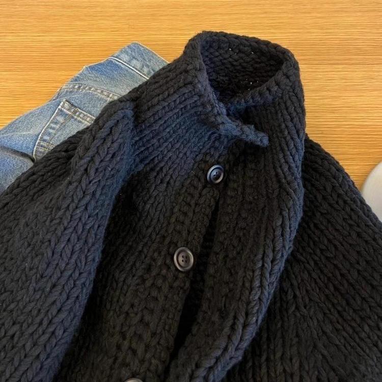 专柜撤回女装黑色卷边双口袋粗线毛衣外套超好看慵懒风针织衫冬季 - 图1