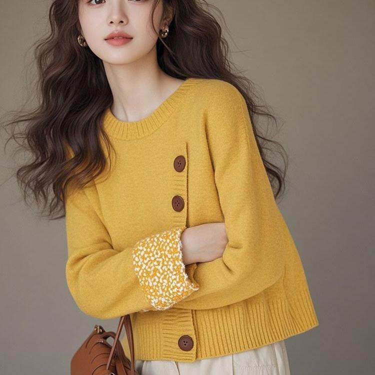 专柜撤回女装黄色斜扣内搭针织衫毛衣女2025新款冬季慵懒高级感,淘宝优惠券,粉丝福利购,淘宝优惠卷