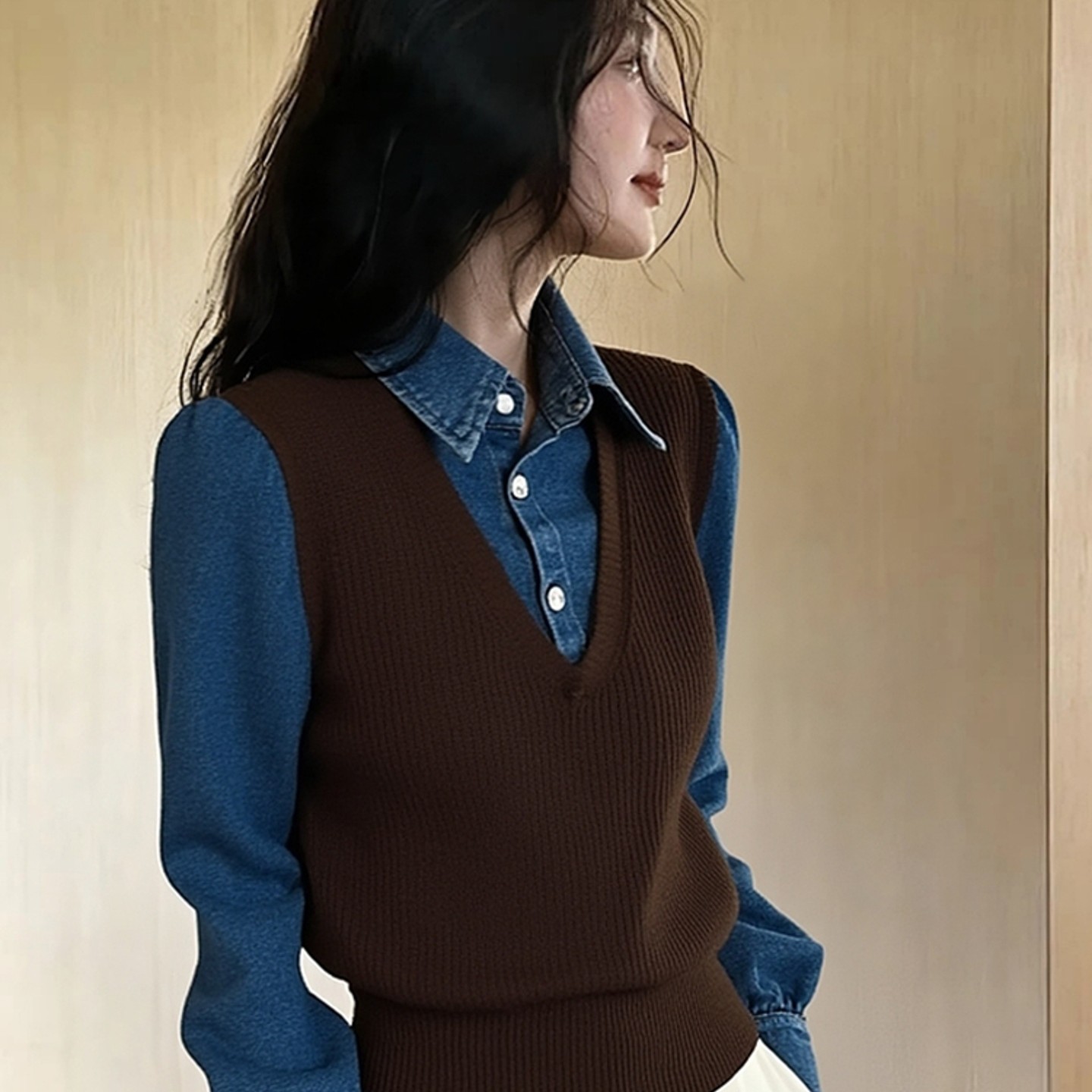 外贸撤回假两件咖色拼接针织衬衫女秋冬季洋气巨好看掐腰气质上衣 - 图1