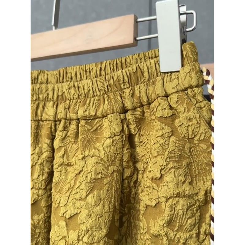 新中式九分裤阔腿裤女高级感提花黄色高腰宽松休闲裤春秋新款裤子 - 图0