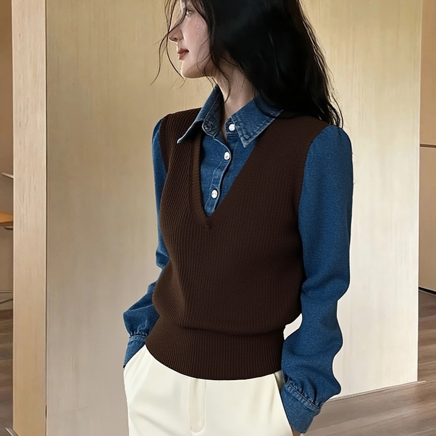 外贸撤回假两件咖色拼接针织衬衫女秋冬季洋气巨好看掐腰气质上衣 - 图0