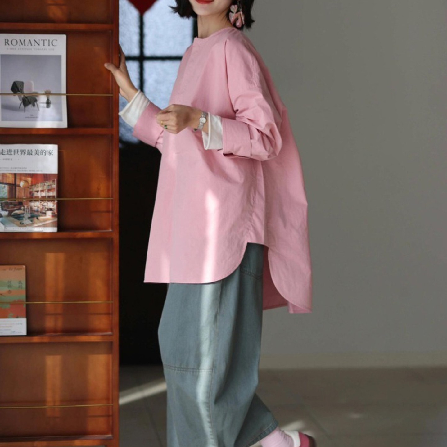 外贸撤回多巴胺粉色圆领宽松燕尾衬衫慵懒风松弛感设计感高级上衣,淘宝优惠券,粉丝福利购,淘宝优惠卷