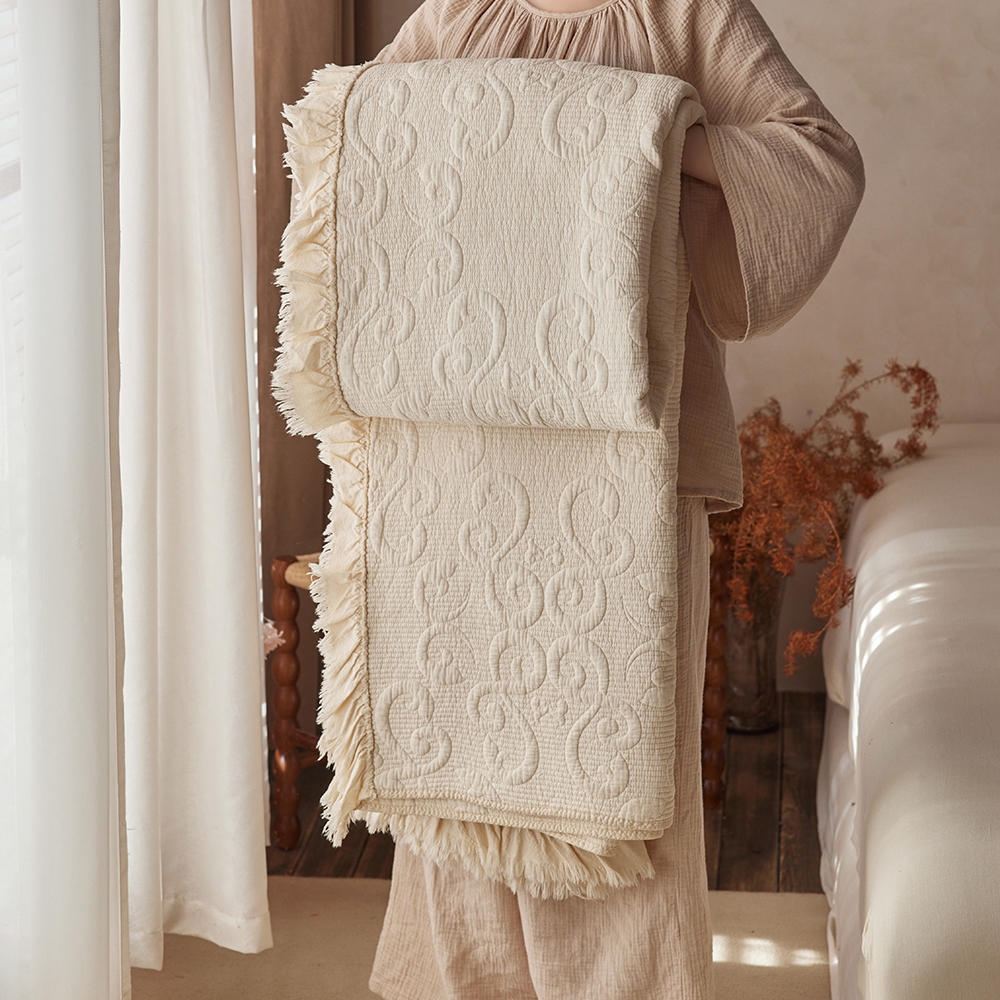 法式浪漫绗缝夹棉床盖三件套成品酵素纯棉加厚床单防滑四季通用 - 图3